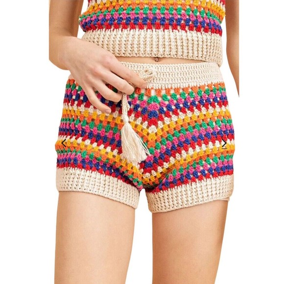 Aqua Bloomingdales Womens Boho Rainbow Stripe Crochet Shorts Size Medium M EUC - Picture 12 of 13